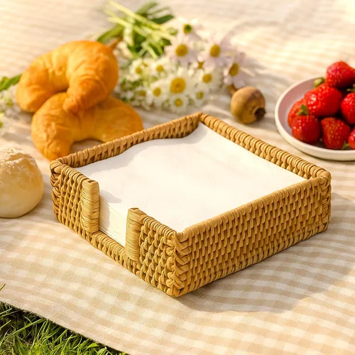 Miniatura 3 de Servilletero cuadrado de ratán, 7 × 7 × 2.4 pulgadas Servilleteros para servilletas de papel Toallero tejido para invitados, soporte rústico