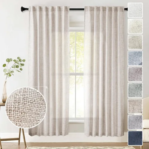 Miniatura 52 de Cortinas de lino 92 pulgadas de largo, juego de 2 paneles con bolsillo para barra, lengüeta trasera, cortinas transparentes para ventanas
