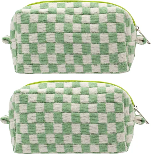 Miniatura 30 de PAZIMIIK Bolsa de Maquillaje a Cuadros para Bolso Portátil con Cremallera, Estuche Pequeño de Cosméticos para Accesorios de Viaje, Azul Ártico