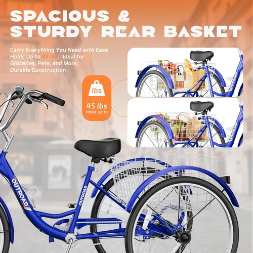Miniatura 2 de Max4out Triciclo para adultos con cesta grande de 24/26 pulgadas, bicicleta de crucero estable de 3 ruedas para compras, triciclo de playa y ciudad