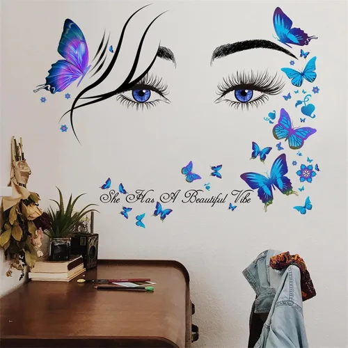 Miniatura 4 de Calcomanías de pared de mariposa con ojos de pestañas azules, citas inspiradoras de sacinora con palabras motivacionales, calcomanías de pared