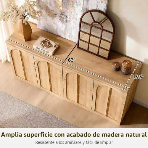 Miniatura 5 de ACCOHOHO Armario buffet con almacenamiento y puertas arqueadas, aparador de madera de 63 pulgadas con estante ajustable, modernas mesas de café