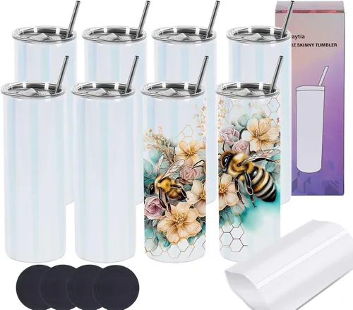 Vasos de Sublimación con Purpurina de 20 Oz, Delgados y Rectos, Paquete de 8, Vasos de Sublimación de Acero Inoxidable con Purpurina y Destello, en