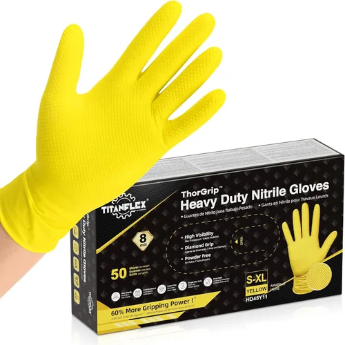 Miniatura 10 de TitanFlex Heavy Duty Industrial Nitrile Gloves with Raised Diamond Texture, 8-mil, Latex Free (Green/Dark Green/Yellow)