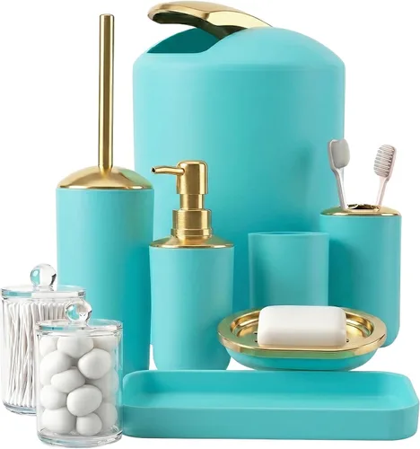 Miniatura 17 de BSSN Juego de 25 accesorios de baño negros y dorados con cortina de ducha y alfombras, basura, cepillo de inodoro, dispensador de jabón, soporte