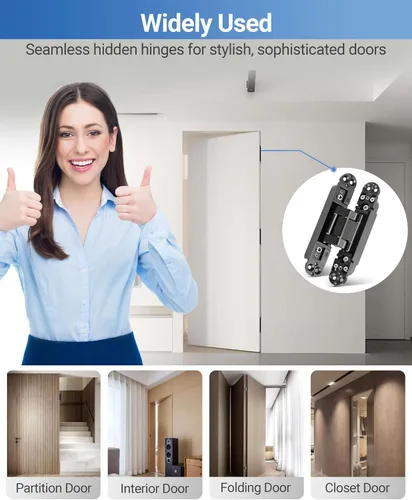 Miniatura 9 de Bisagras invisibles mejoradas para puerta (2 piezas) – Bisagras ocultas negras de 6 pulgadas para puertas, ajustable de 3 vías y columpio de 180
