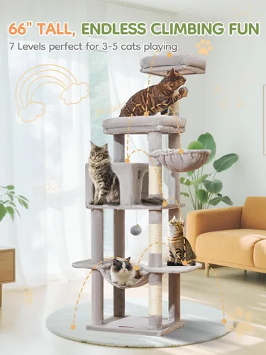 Miniatura 7 de Taoqimiao MS042W - Árbol para gatos, torre grande para gatos de 66 pulgadas con postes rascadores, lujosa plataforma grande para gatos grandes