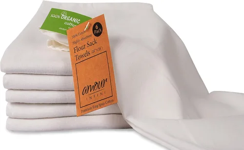 AMOUR INFINI Paquete de 6 toallas de cocina de algodón orgánico para bordar y secar vidrio, vajilla sin pelusa, altamente absorbentes, color blanco