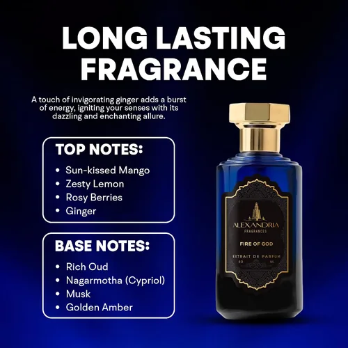 Miniatura 5 de Alexandria Fragrances Perfume Fire of God – Eau de Parfum unisex prémium con Oud, Nagarmotha, ámbar y almizcle, fragancia con cumarina, jazmín