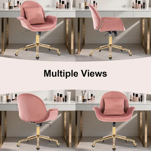 Miniatura 8 de Silla de escritorio de terciopelo rosa para oficina en casa con base dorada para mujeres y niñas, silla giratoria de maquillaje con almohada, silla