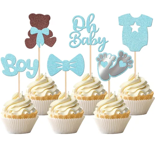 Miniatura 11 de 24 piezas de adornos para cupcakes con lazo con purpurina, vestido de luna Oh Baby para revelación de género, baby shower, fiesta de cumpleaños