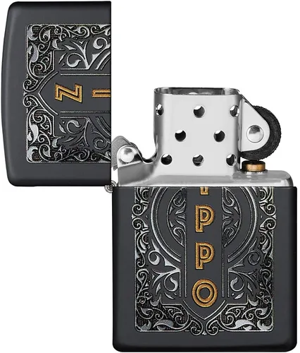 Miniatura 4 de Encendedor de bolsillo Zippo negro mate con diseño de logo de Zippo Logotipo de oro mate negro