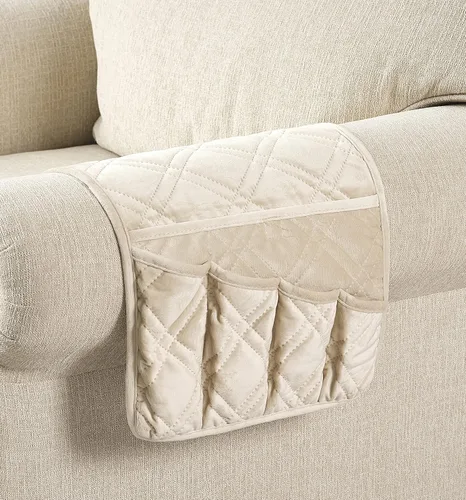 Miniatura 8 de Brilliant Sunshine Organizador de Reposabrazos de Sofá de Terciopelo Beige de 5 Bolsillos, Caddy Antideslizante para Sillón Reclinable, Soporte