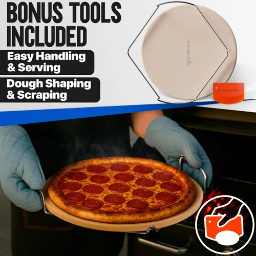 Miniatura 5 de KitchenStar Piedra para pizza de 16 pulgadas para horno y parrilla de barbacoa con asas, redonda, 5/8 pulgadas de grosor, cordierita natural