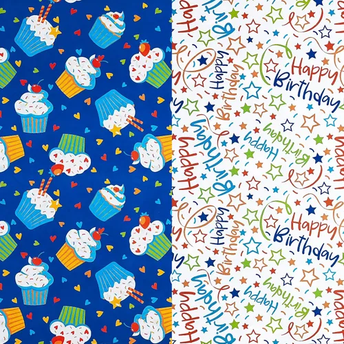 Miniatura 8 de RUSPEPA Rollo de papel de regalo reversible de cumpleaños, mini rollo, diseño de cupcake azul y texto colorido feliz con estrellas, colorido