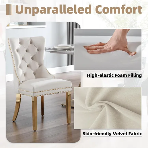 Miniatura 4 de Juego de 2 sillas de comedor de terciopelo, sillas de comedor tapizadas, sillas modernas de mediados de siglo con respaldo capitoné de enrejado