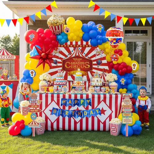 Miniatura 8 de Decoraciones de fiesta de cumpleaños con temática de circo e incluyen guirnalda de globos rojos, azules y amarillos y globos de papel de aluminio