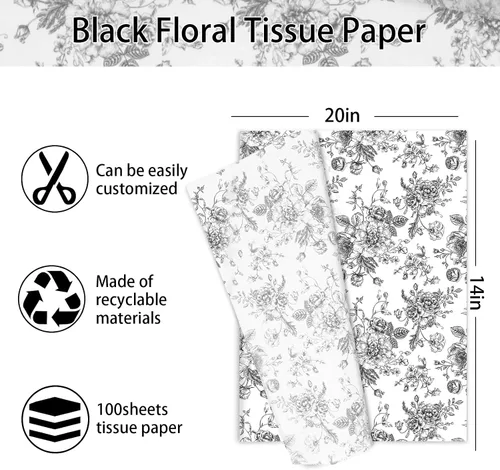 Miniatura 2 de JarThenaAMCS 100 hojas de papel de seda floral negro chinoiserie, papel de regalo de flores vintage, papel decorativo para manualidades, cumpleaños