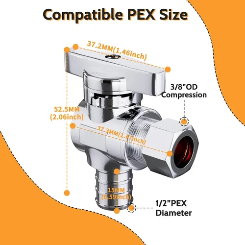 Miniatura 2 de TreMax Paquete de 10 válvulas de parada angular, compresión de 1/2 pulgada Pex x 1/4 pulgadas OD, compresión de 1/2 pulgadas Pex x 3/8 pulgadas