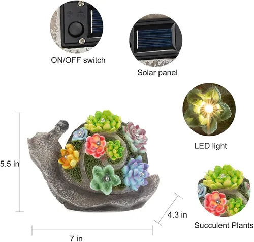 Miniatura 4 de pearlstar Estatuas de jardín, estatua solar de caracoles, decoración de jardín, bonitas figuras de caracoles de resina con 7 luces solares LED