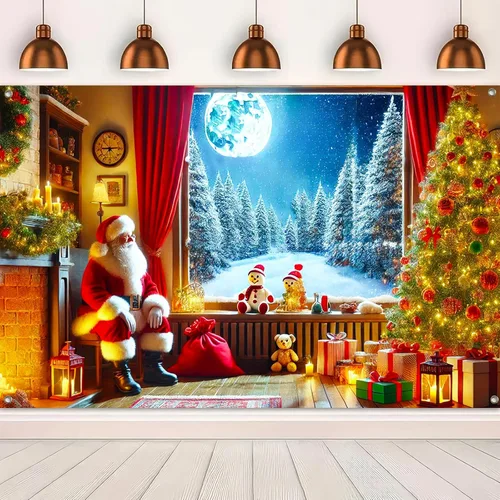 Miniatura 5 de BlissYard Pancarta Navideña para Ventana 71x43 Pulgadas Telón de Fondo de Noche Nevada con Chimenea de Santa, Árbol, Regalos, Farol, Cortina Roja