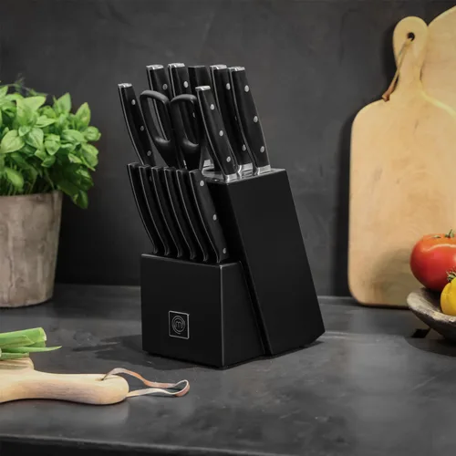 Miniatura 7 de Juego de cuchillos de cocina MasterChef con bloque y afilador más tijeras, juego de 15 cuchillos de chef de grado profesional con cuchillas de acero