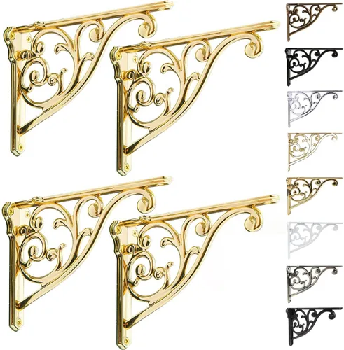 Miniatura 75 de Soportes de estante de 4 pulgadas, paquete de 4 soportes de pared de latón antiguo de alta resistencia, estantes decorativos de cocina victoriana