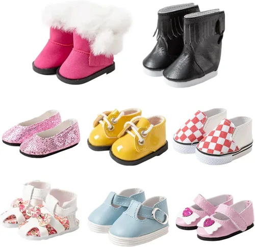 8 pares de zapatos de muñeca para muñeca americana de 14.5 pulgadas, incluye botas, sandalias, tenis, zapatos de cuero, etc