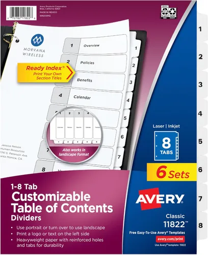 Avery Separadores de 8 pestañas para carpetas de 3 anillas, tabla de contenido personalizable, pestañas blancas clásicas, 6 juegos (11822)