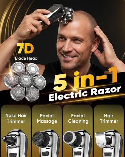 Miniatura 2 de Afeitadora de cabeza para hombres calvos, afeitadora flotante 7D de cabeza calva 5 en 1, maquinilla de afeitar eléctrica húmeda/seca con pantalla