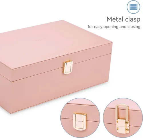 Miniatura 5 de LANDICI Joyero organizador para mujeres y niñas, caja grande de 2 capas para reloj con bandeja extraíble, soporte de almacenamiento de joyas de piel