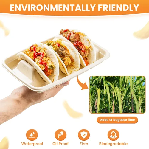 Miniatura 5 de 25 soportes desechables para tacos para fiestas, platos de taco de fibra de pulpa de bagazo con 3 divisores, soporte para bandeja de tacos