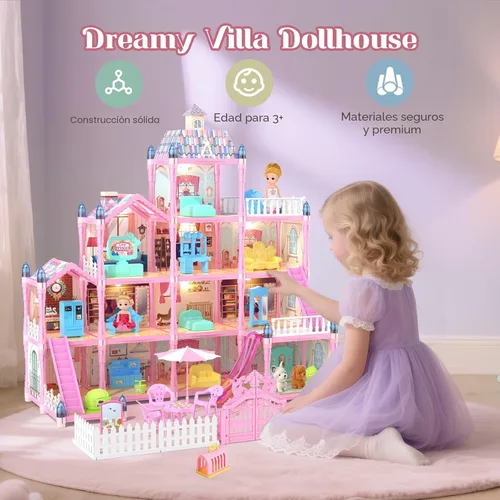 Miniatura 5 de Casa de Muñecas Randhar para Niñas con Luces, 3 Muñecas, 4 Pisos - 13 Habitaciones, 7 Conjuntos de Muebles y Accesorios, Regalo de Diseño