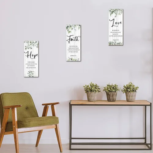 Miniatura 6 de 3 piezas de decoración de pared cristiana decoración de pared verde inspirador escritura escritura placa colgante rústico hojas signo cita
