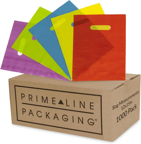 Miniatura 11 de Prime Line Packaging Bolsas de plástico para regalos, bolsas de fiesta de colores con asas, 2 mil troqueladas para recuerdos de fiesta de niños