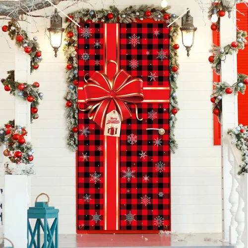 Miniatura 7 de Cartel de Navidad para puerta, decoración de Feliz Navidad, búfalo a cuadros rojos y negros, telón de fondo de caja de regalo de Navidad, lazo