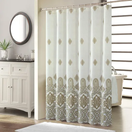 Cortina de ducha de tela, estampado beige y tostado, cortinas de ducha con patrón de damasco bohemio de cachemira para baño, cortinas de baño Hudson