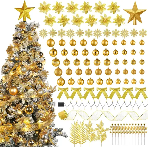 Miniatura 12 de Poen Juego de 108 adornos para árbol de Navidad, incluye bolas para árbol navideño, flor de pascua con purpurina, lazos, bayas, tallos, hojas, copos