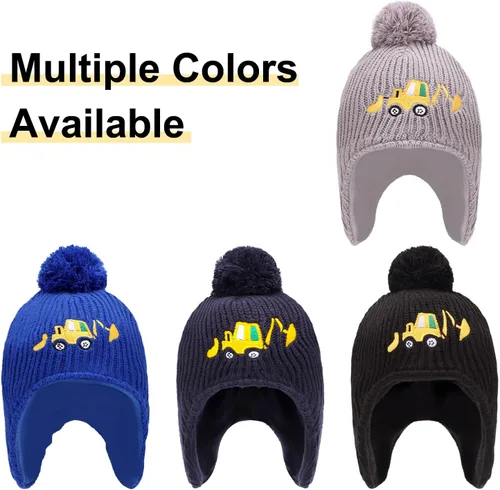 Miniatura 7 de LUCKYBUNNY Gorro de esquí con diseño de excavadora para niños y niños, con forro polar para invierno, gorro de punto para clima frío