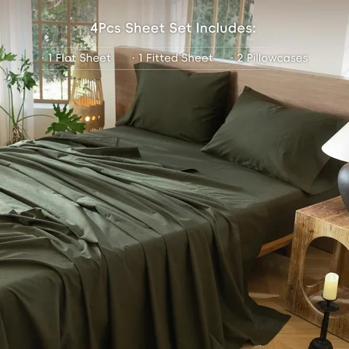 Miniatura 2 de MooMee Juego de sábanas de cama 100% algodón lavado con textura similar al lino, transpirable, duradero, suave y cómodo (verde oliva sólido, Full)