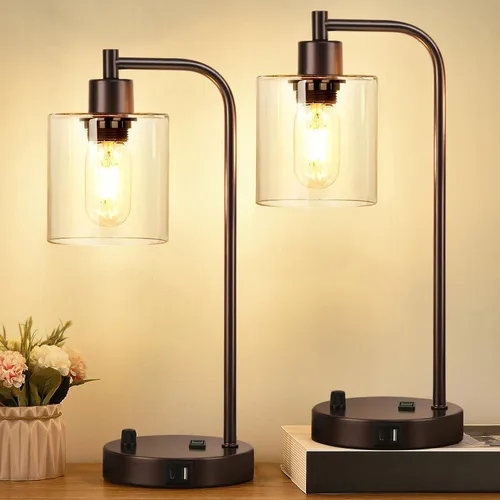 Lynnoland Juego de 2 lámparas de mesa de bronce cepillado con puertos USB C+A y toma de corriente, lámparas de mesita de noche totalmente regulables