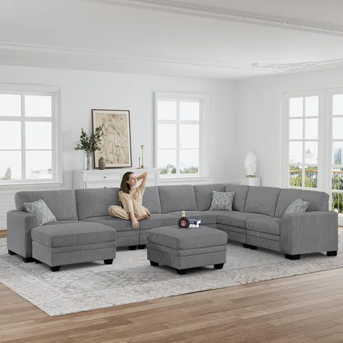 Miniatura 69 de Legend Vansen Sofá Seccional Modular de Gran Tamaño, Sofá en Forma de U de 7 Asientos con Otomana, Sofá de Pana con Asiento Profundo, Sofás Crema