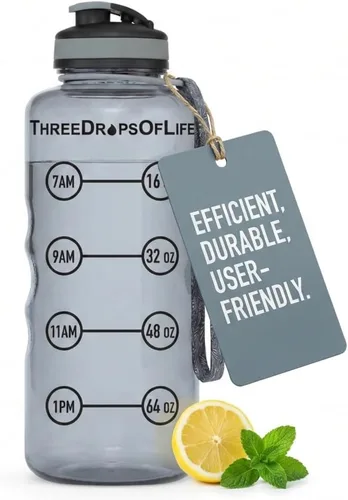 Three Drops of Life Botella de agua de plástico Tritan de 64 onzas, grande, gris humo, rastreador de hidratación de alta capacidad, sin BPA,