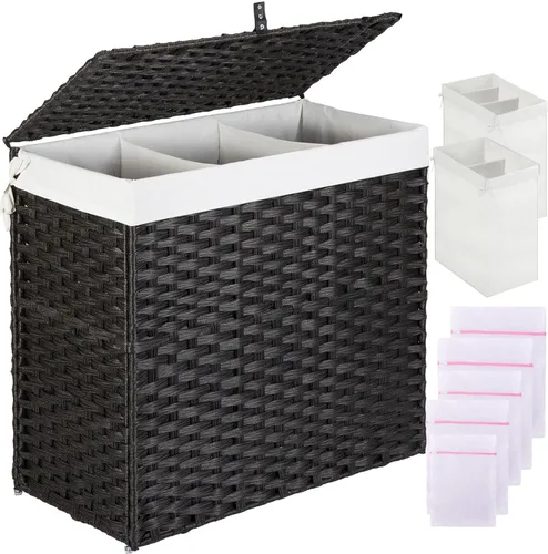 Greenstell Cesta de ropa sucia con tapa, cesta grande de ropa de 125L con 3 secciones y bolsas de forro extraíbles de 2 secciones y 5 bolsas de Negro