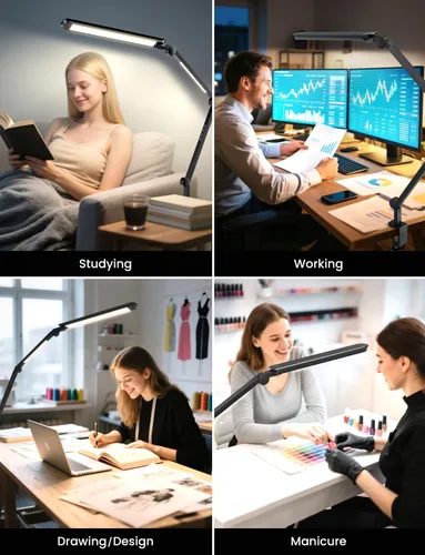 Miniatura 5 de Lámpara de escritorio LED con abrazadera, luz doble ajustable y control remoto, luz de rompecabezas para mesa sin deslumbramiento, 4 modos