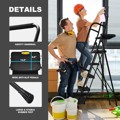 Miniatura 5 de HBTower Escalera de 5 escalones, taburete plegable con pedal antideslizante ancho, bandeja de herramientas y pasamanos, capacidad de 330 libras