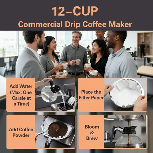 Miniatura 2 de VONCI Cafetera comercial de 1610 W, cafetera de goteo de 12 tazas, 2 jarras de vidrio y 2 calentadores, carcasa y embudo de acero inoxidable