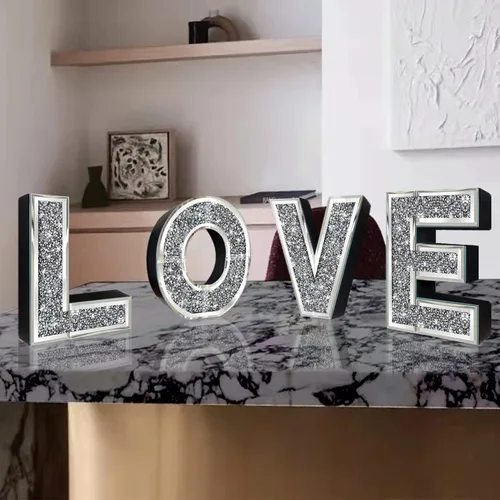 Miniatura 3 de ZOLAPI 4 piezas Letras Independientes Love.Glam Letras de Diamante de Cristal.Espejo de Vidrio Plateado Decoración del Hogar para Pared, Chimenea