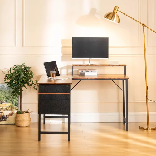 Miniatura 10 de FurnitureR Escritorio para computadora en forma de L de 48.8 pulgadas con bolsa de almacenamiento y luz LED, espaciosa estación de trabajo
