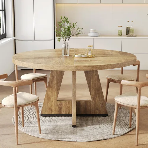 Miniatura 13 de LITTLE TREE Mesa de comedor redonda para 4-6 personas, mesa de comedor de 47 pulgadas con base de pedestal de madera, mesas de comedor marrones